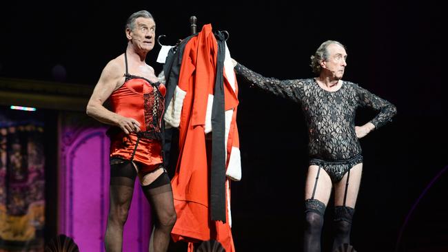 Eric Idle (right) performing with Michael Palin on the opening night of ‘Monty Python Live (Mostly)’, on July 1, 2014 in London, England. Picture: Dave J Hogan/Getty