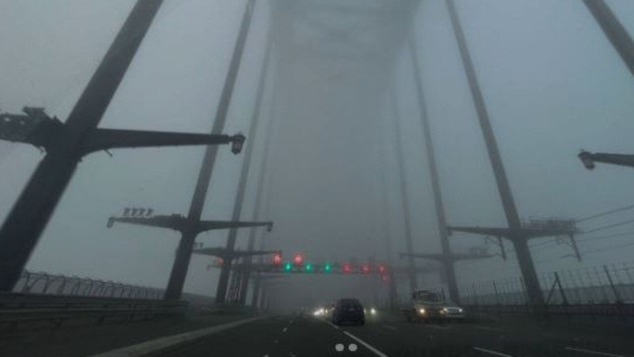 The Sydney Harbour Bridge covered in a thick fog. Picture: Instagram/klr_redv6