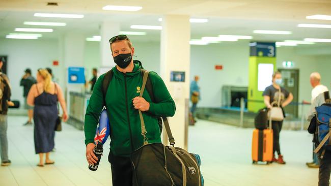 Aaron Marjoram arrives at Darwin Airport Picture: GLENN CAMPBELL