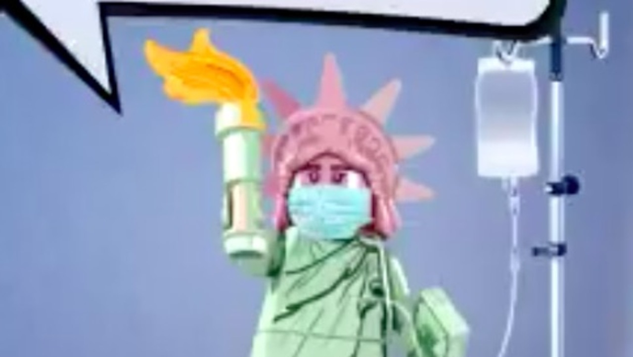 The US is mocked in the video as Lady Liberty in a surgical mask.