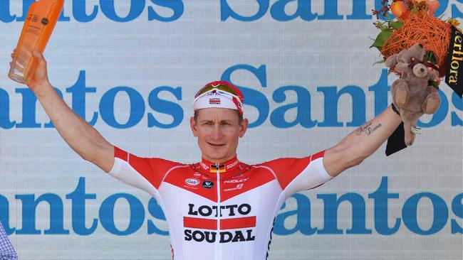 Germany's Andre Greipel from team Lotto Soudal celebrates after he finished first on day one of the Tour Down Under.AFP PHOTO / BRENTON EDWARDS