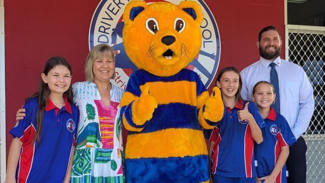 School Captains Hayley Harvey, Stella Wills, Alyanah Babic with Jo Hersey MLA, Minister for Education and Training and Minister for Early Education, and Clinton Howe MLA, local Member for Drysdale, and Hector the Road Safety Cat.