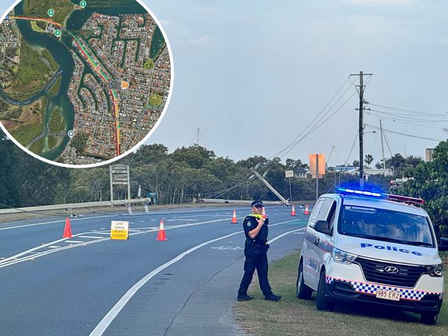 Downed powerlines on Oxley Drive in Paradise Point. Picture: Hope Island News & Crime and Community / Facebook