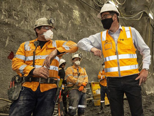 Premier Daniel Andrews provided a COVID-19 update on Friday as he inspected progress on the State Library station as part of the Metro Tunnel project. Picture: Daniel Pockett/NCA NewsWire