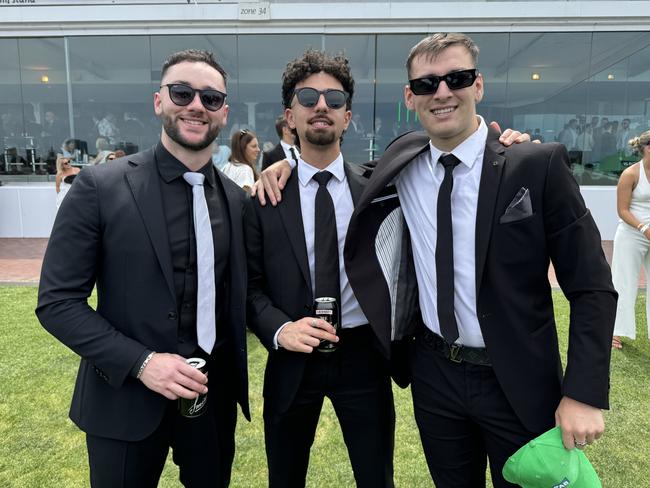 Luke Barbagallo, Nik Giasaris and Peter Athanasakis at Flemington for Derby Day on November 2, 2024. Picture: Phillippa Butt