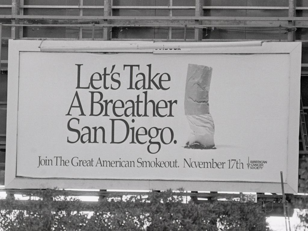 Motorists on a Californian highway got a two-sided message from the same billboard in the 80s, depending on which direction they travelled. Shown here is the Cancer Society ad seen by westbound drivers on the day of the "Great American Smokeout." Eastbound drivers saw a cigarette ad.