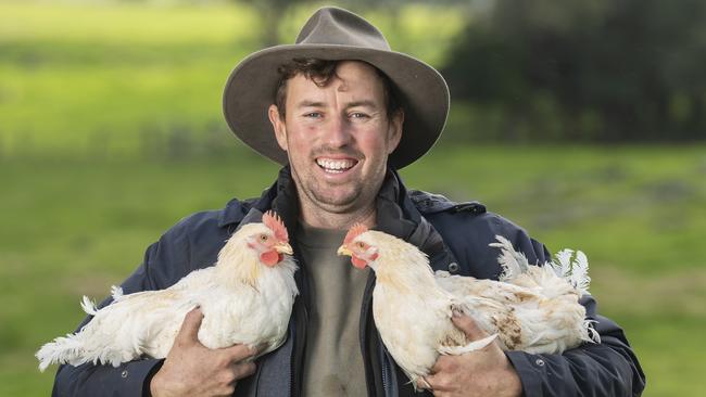 Chooks at the Rooke farmer Xavier Prime is one of the Victorian National Winners of the Delicious Produce Awards 2021. Picture: Rob Leeson.