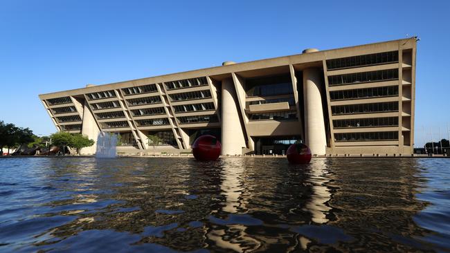 A reflecting pool sits in a large plaza on the walk up to Dallas City Hall, a building designed by architect I.M. Pei, in Dallas. Picture: AP