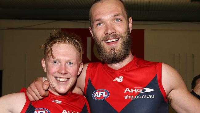 Melbourne's Clayton Oliver and Max Gawn. Pic: Michael Klein