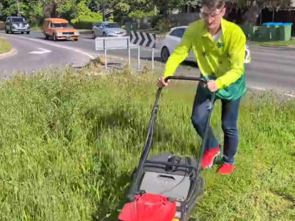 Liberal MP Nick McGowan mowing the unkempt median strip.