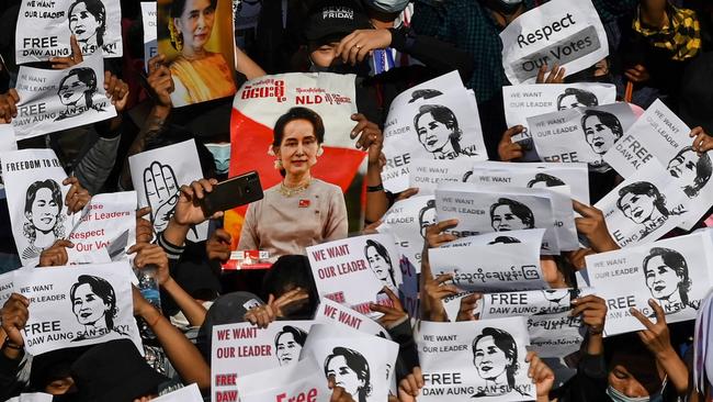 Protesters demand the release of detained Myanmar leader Aung San Suu Kyi this week. Picture: AFP