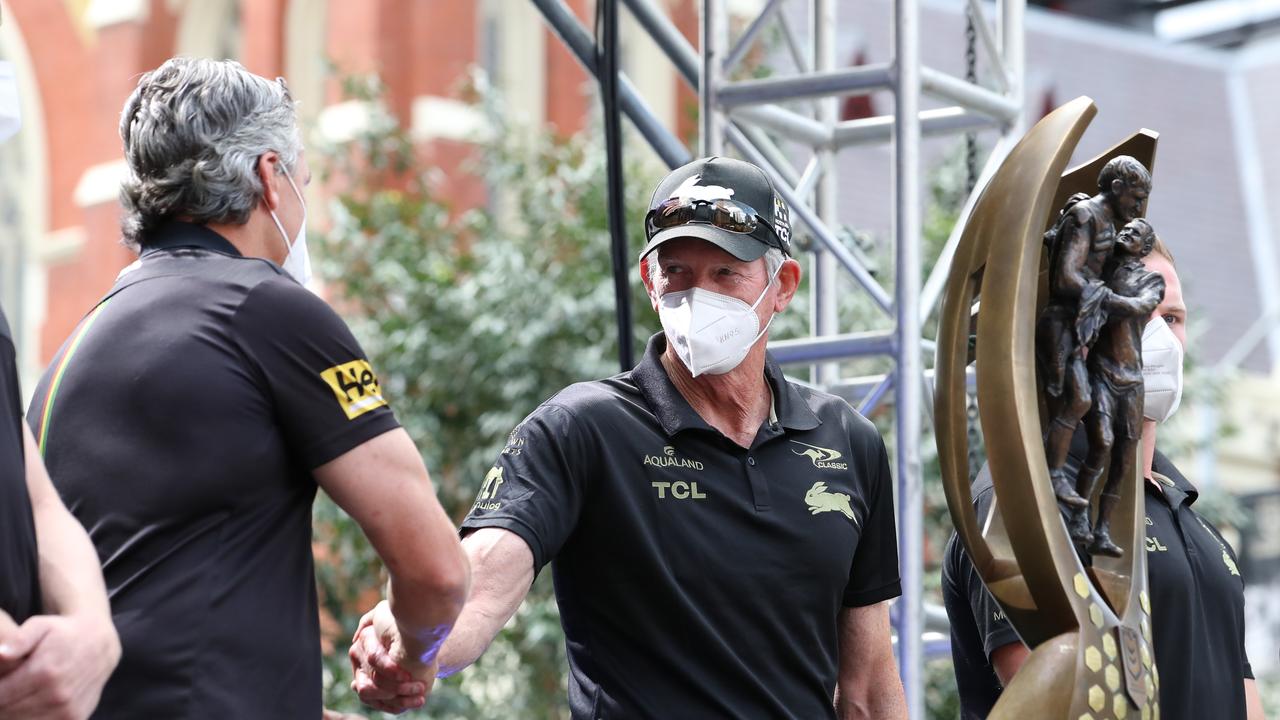 Panthers coach Ivan Cleary and ex-Rabbitohs coach Wayne Bennett masked up before the NRL decider. Picture: Zak Simmonds