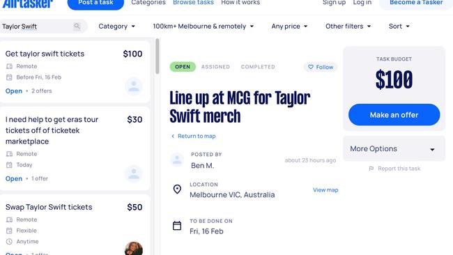 Swifties hire help to beat merch and transport queues on Airtasker. Photo: Supplied