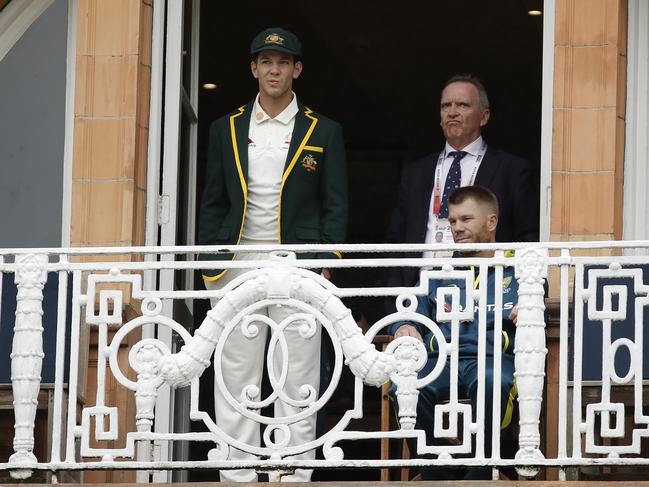 Tim Paine, Trevor Hohns and David Warner look on from the balcony at Lord’s as rain delays the start of play. Picture: Ryan Pierse/Getty Images