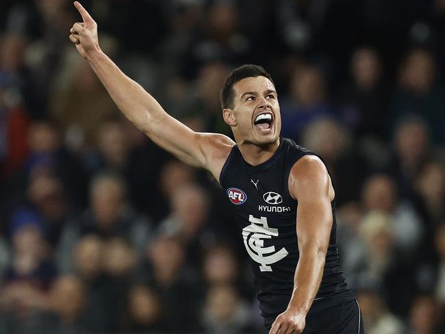 MELBOURNE, AUSTRALIA - JULY 15: Jack Silvagni of the Blues celebrates kicking his fourth goal during the round 18 AFL match between Carlton Blues and Port Adelaide Power at Marvel Stadium, on July 15, 2023, in Melbourne, Australia. (Photo by Daniel Pockett/Getty Images)