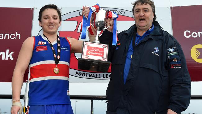 Keilor captain Dylan Joyce and coach Mick McGuane after the club’s 2016 flag. Picture: Kylie Else