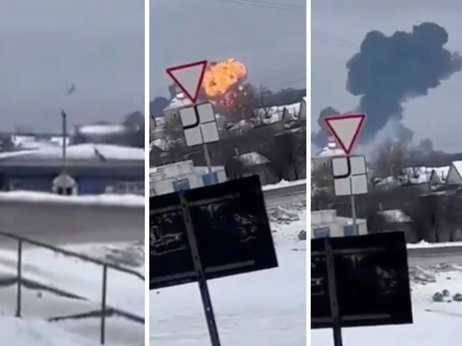 IL-76 plane carrying 65 Ukrainian soldiers, and nine crew, seen spiralling down before crashing into a fireball. Picture: Twitter