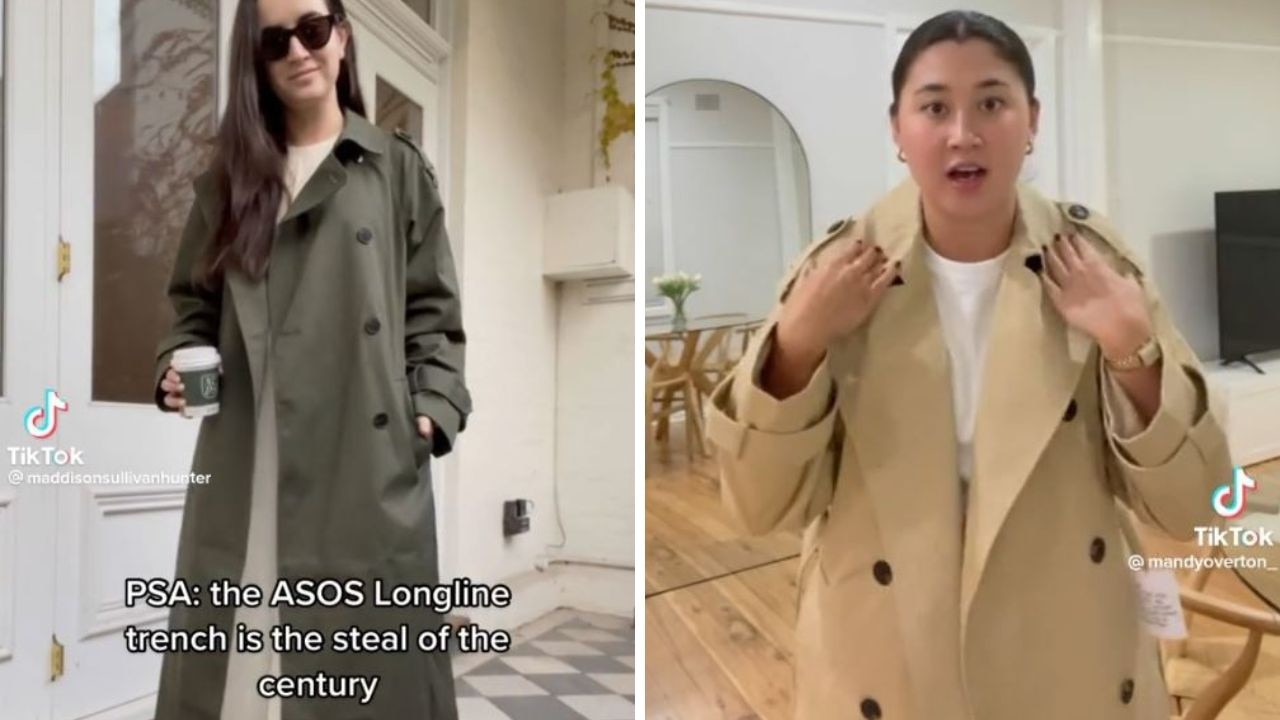 The trench coat has impressed fashionistas on TikTok. Picture: TikTok/@maddisonsullivanhunter and @mandyoverton_.