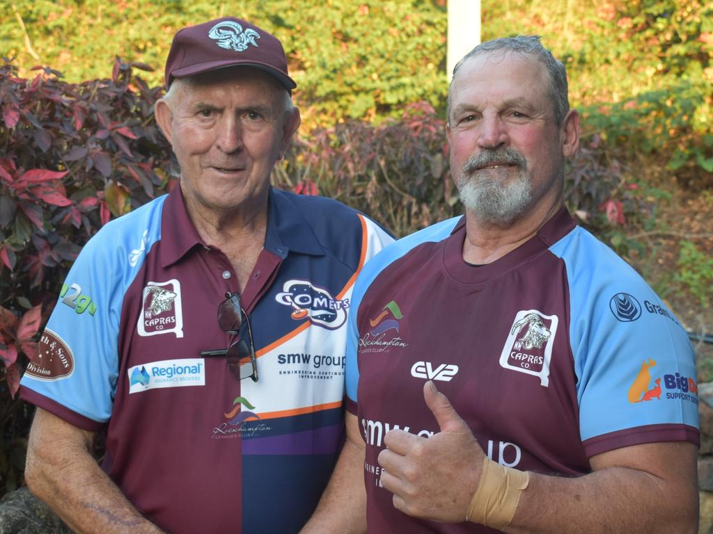 Event organiser Greg Reynolds with Neil Myler who, at 66, was the oldest player to take the field in the Capras versus Comets Legends game at Rugby Park, Rockhampton, on October 26, 2024.