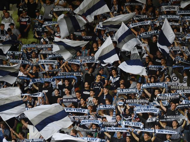 Victory fans during the round 7 A-League match between the Melbourne Victory and the Central Coast Mariners at AAMI Park in Melbourne, Thursday, Nov. 19, 2015. (AAP Image/Tracey Nearmy) NO ARCHIVING, EDITORIAL USE ONLY