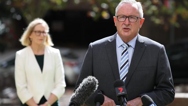 Health Minister Brad Hazzard (front) and NSW Health Chief Health Officer Dr Kerry Chant speak to the media about Newmarch House on Saturday.