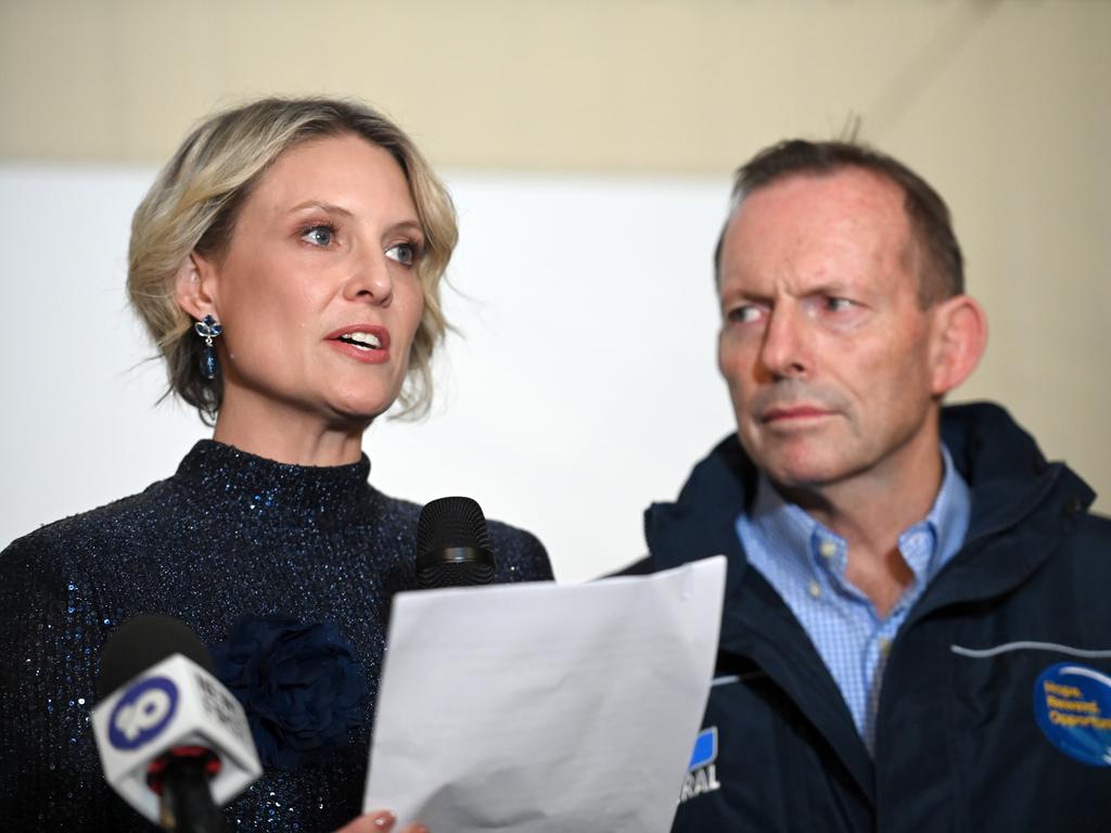 Former Liberal candidate for Warringah Katherine Deves, pictured with ex-prime minister Tony Abbott, has dropped out of her next bid for politics. Picture: Jeremy Piper