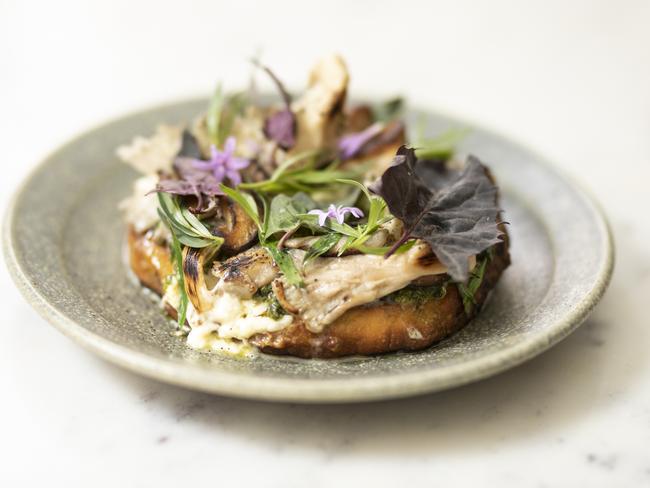 The Stock Market’s Tunnel Hill mushrooms with tarragon salsa verde and stracciatella is served on potato flatbread, which is made using a sourdough starter which is fermented for several days to ensure it’s light and easy to digest. Picture: EDDIE SAFARIK