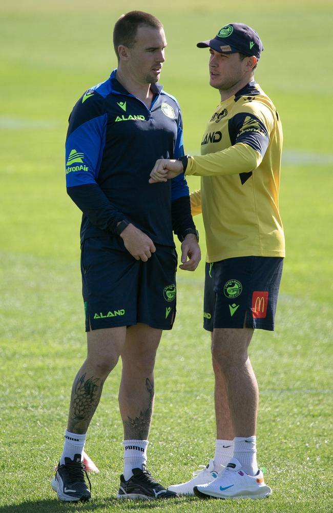 Senior players Clint Gutherson (L) and Mitchell Moses cast a big leadership shadow at the Parramatta Eels. Picture: Brendan Read