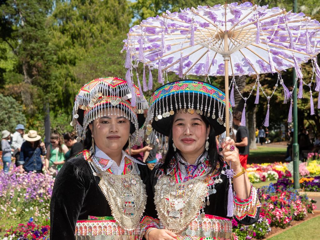 Maisee Ynag (left) and Bao Yang in Queens Park for the Carnival of Flowers, Sunday, September 22, 2024. Picture: Bev Lacey