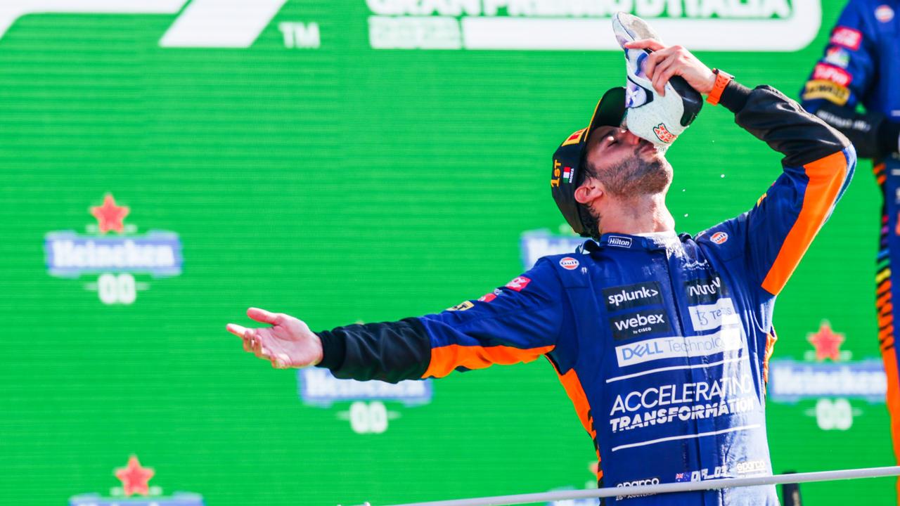 Daniel Ricciardo does a shoey after winning the F1 Grand Prix in Monza, Italy, in September 2021. Picture: Getty Images