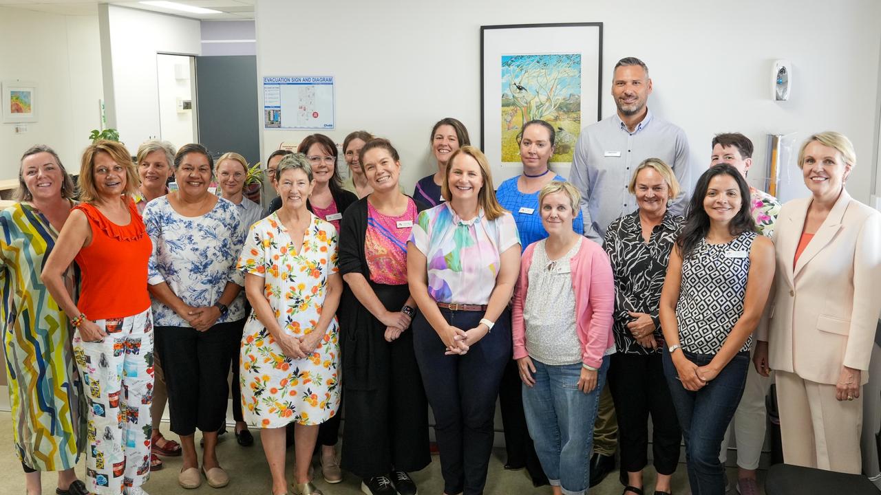 Labor senator Nita Green, Labor candidate for Leichhardt Matt Smith and Federal Environment Minister Tanya Plibersek with staff at the True Relationships and Reproductive Health Clinic in Cairns.