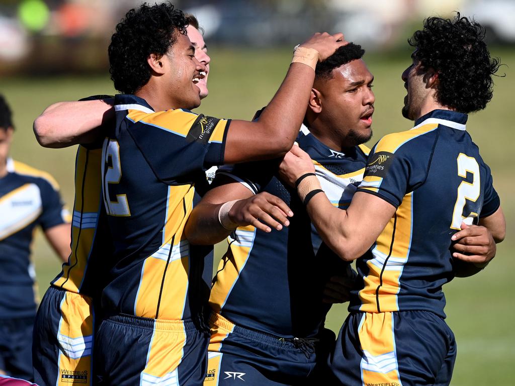 Westfields Sports High celebrate a try in their opening round loss to Hills Sports High. Picture: Jeremy Piper