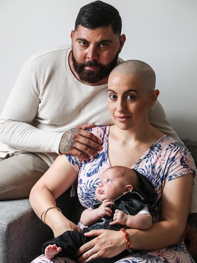 Alisha Harrison with partner Metin Salih seven-week-old baby Isaac at their Mt Annan home. Picture: Carmela Roche