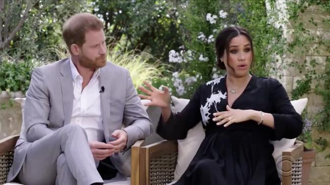 Harry and Meghan during interview with Oprah Winfrey. Picture: CBS