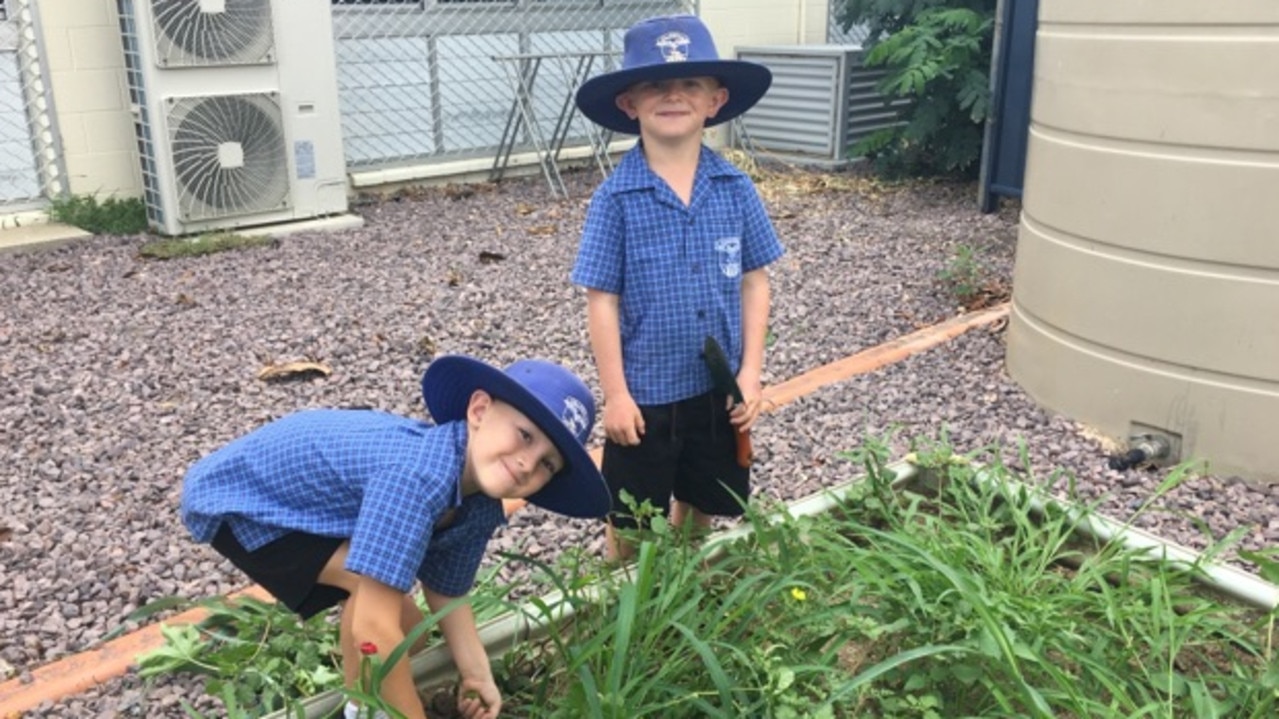 Karter Searle and Cody Hoare from St John Bosco school help out in the garden.