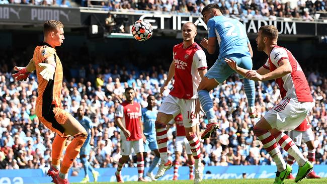 Ferran Torres scores Manchester City’s fifth goal, with Arsenal keeper Bernd Leno (left) helpless. Picture: Getty Images