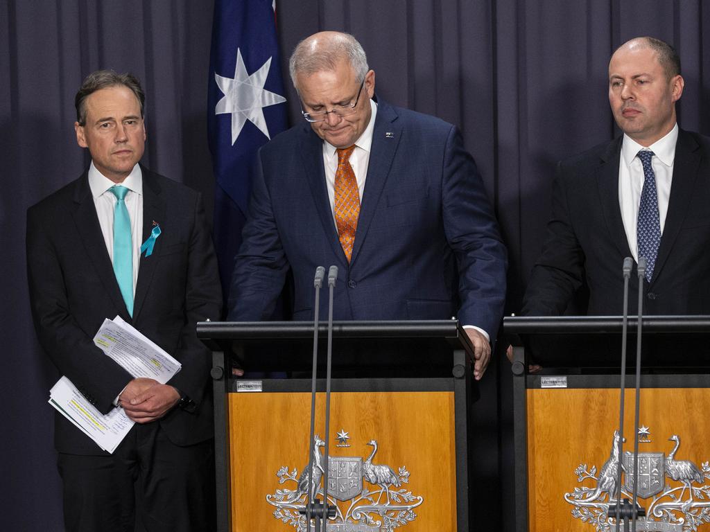 Prime Minister Scott Morrison, with Health Minister Greg Hunt and Treasurer Josh Frydenberg, provides an update on coronavirus at Parliament House in Canberra. Picture: Gary Ramage