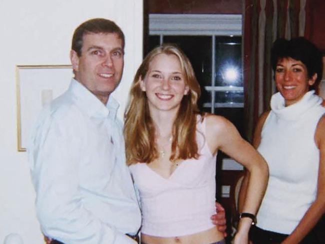 Prince Andrew with a teenage Virginia Roberts Giuffre and Ghislane Maxwell at the heiress’ London home in around 2001. Picture: AFP