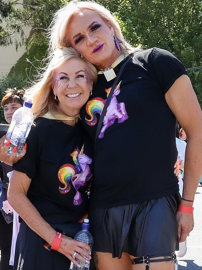 Dani Laidley and partner Donna Leckie at the Pride March in Fitzroy St, St Kilda this year. Picture: Ian Currie