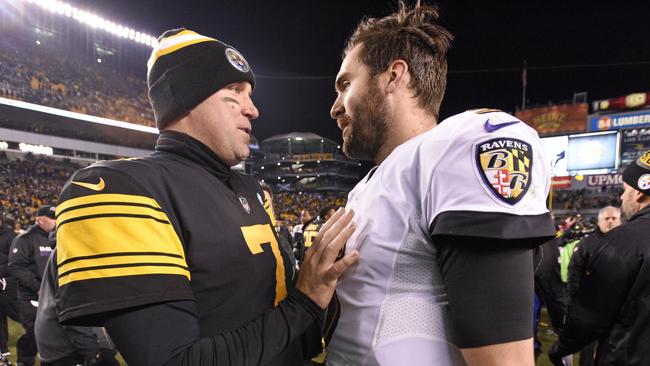 Pittsburgh Steelers quarterback Ben Roethlisberger (L) and Baltimore Ravens’ Joe Flacco go head to head again. Picture: AP