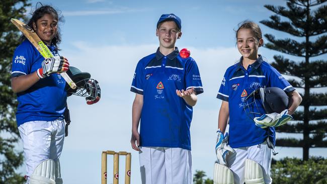 Girls' cricket is booming in the southeast. Mt Waverley and Parkdale players Rasandi Padmaperuma, 12, Jess Hoogeveen, 13 and Nicola Gouwns, 13, prepare to play. Picture: Jake Nowakowski