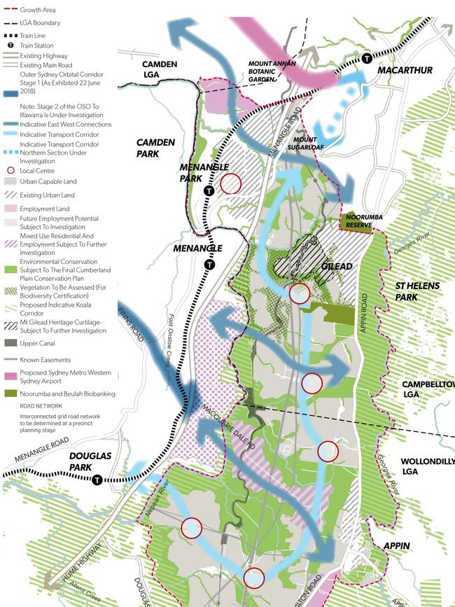 The light blue line shows the proposed transport corridor to connect new residents with the rail line at Macarthur Station and Douglas Park.