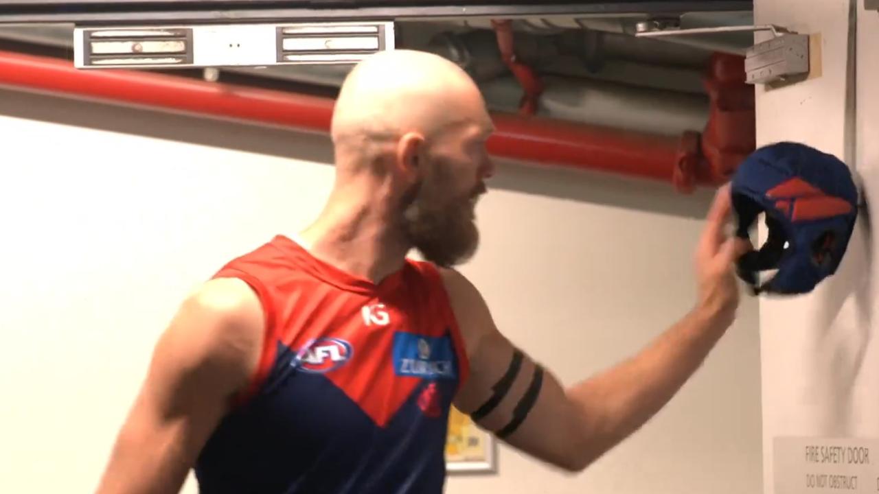 Max Gawn taps Angus Brayshaw's helmet in a touching tribute. Photo: Channel 7.