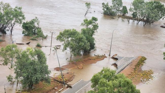 The Great Northern Highway and the Fitzroy Crossing Bridge damaged as a result of floodwaters. Picture: Main Roads WA