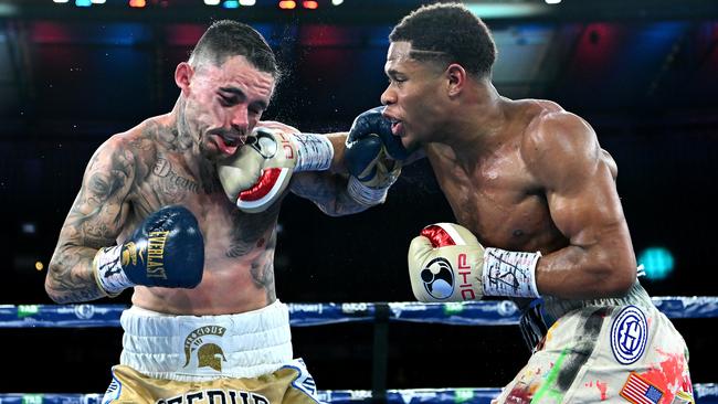 Devin Haney lands a punch on George Kambosos Jr. Picture: Quinn Rooney/Getty Images