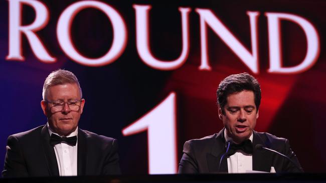 Steven Hocking and Gillon McLachlan during the 2019 Brownlow Medal Count. Picture: Dylan Burns/AFL Photos via Getty Images