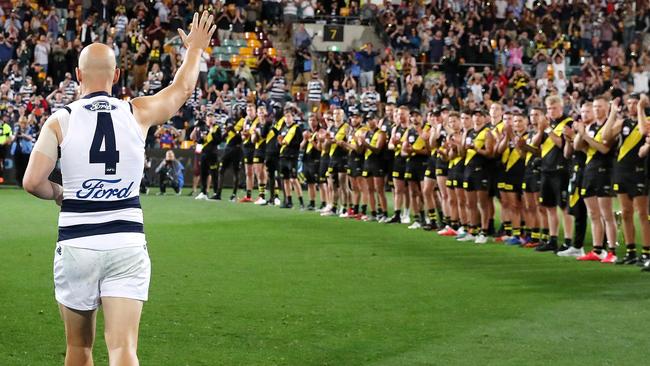 Richmond players formed a guard of honour for Gary Ablett without their premiership medals on Saturday night. Picture: Sarah Reed