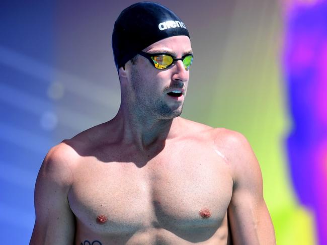 James Magnussen is seen on the blocks before his heat of the mens 100 metre Freestyle during day two of the 2018 Australian Swimming Trials at the Gold Coast Aquatic Centre at Southport on the Gold Coast, Thursday, March 1, 2018. (AAP Image/Darren England) NO ARCHIVING, EDITORIAL USE ONLY