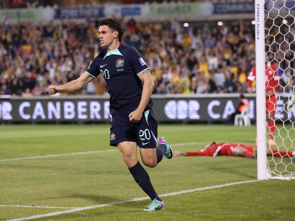 John Iredale celebrates after scoring his first goal for the Socceroos. Picture: Cameron Spencer/Getty Images