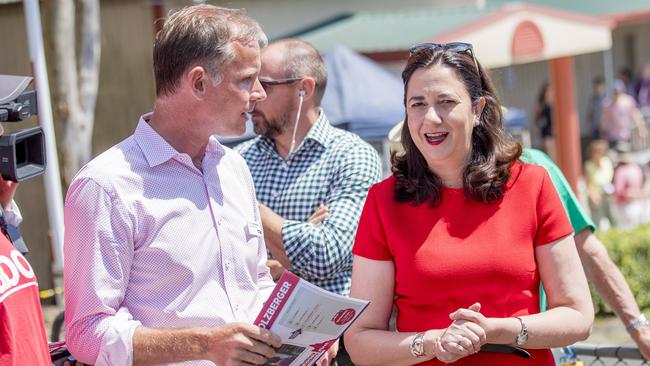 Queensland Premier Annastacia Pallszczuk with Labor candidate for Bonney, Rowan Holzberger, at the Arundel State School voting booth. Picture: Jerad Williams